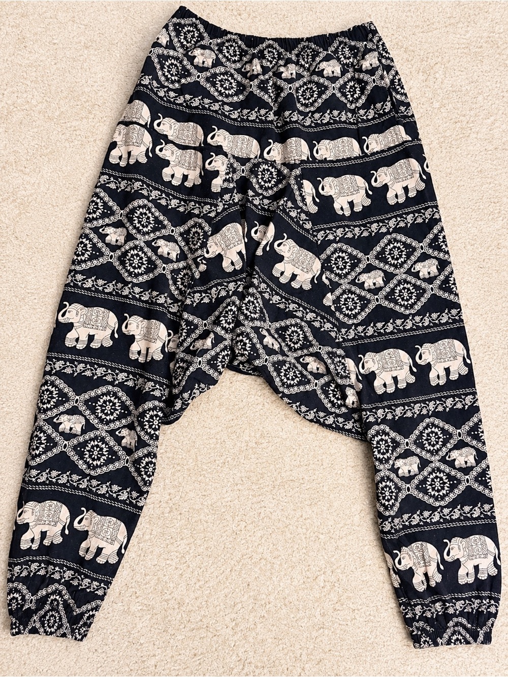 Women’s Boho Harem Pants Elephant Print Black Cream Size M